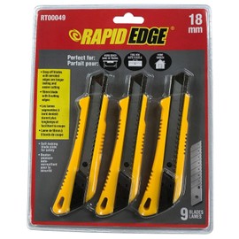 Rapid Edge All-Purpose 18mm Snap Off Utility Knife with 18mm Snap Off Blades, Pack of 3
