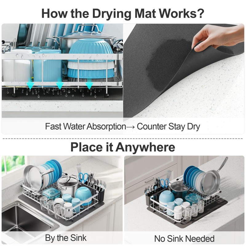 GSlife Large Capacity Expandable Dish Drying Rack with Absorbent Mat,