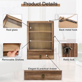 Hodeframe Shadow Box Frame with Drawer and Shelves, 2.6" Deep Shadow Box Display Case with Real Glass, Wooden Memory Box for Pictures, Memorial, Medals, Flowers, Wedding Bouquet for Wall or Tabletop