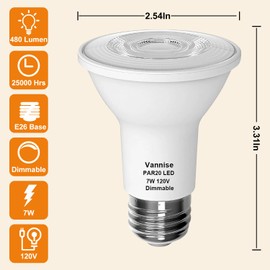 Vannise PAR20 LED Bulbs 3000K Warm White, 6PCS High Output 480LM LED PAR20 Flood Light Bulb 7W Equivalent 50W 120V, PAR20 E26 Base, Flicker Free PAR20 LED Dimmable with CRI85+ for Indoor Outdoor Home