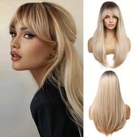 OUFEI Long Straight Blonde wig with Bangs Side Parting Natural Synthetic Hair Layered Wigs with Dark Roots for Women Daily Party Use-24 Inches