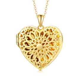 SOULMEET 18K Gold Filled Hollow Sunflower Heart Shaped Locket Necklace That Holds Picture, 20" 10K Gold Chain (Locket only)