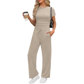 WIHOLL Two Piece Sets for Women Summer Short Sleeve Vacation Travel Outfits for Airplane 2025 Cozy Holiday Beach Fashion Comfy Matching Sets Women Clothing Spring Break Lounge Sets Beige M