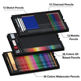 Shuttle Art 123 Pack Art Pencil Set, 36 Watercolor Pencils,36 Oil Based Pencils,12 Sketch Pencils,12 Metallic Color Pencils,12 Charcoal Pencils,15 Pieces Drawing Kit, Great Gift for Kids Adults