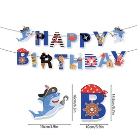 Ocean Animal Shark Crab Infauna Happy Birthday Banner Decorated With Sailing Ship Steering Wheel Coin For Boy kids Pirate Sea Adventure Treasure Birthday Party Celebration Decorations
