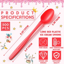 Potchen 500 Pcs Extra Long Spoons for Ice Cream Floats Plastic Sundae Spoons Bulk 8 Inch Long Handle Spoon Heavy Duty for Ice Cream Milkshakes Tea Cocktails and Tall Ice Beverages (Red)