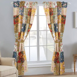Cozy Line Home Fashions Ryleigh Country Garden Fall Flowers Paisley Plaid Patchwork Window Curtains with Tie Backs Set, 84" x 52", 2 Panels