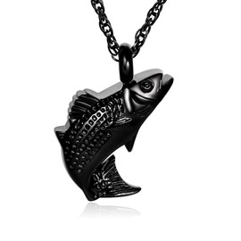 Black Fish Urn Necklace for Ashes for Men In Loving Memory of Fisherman Grandpa Dad Brother Fishing Memorial Jewelry Ashes Holder Fish Pendant Loss of Loved One Sympathy Gift