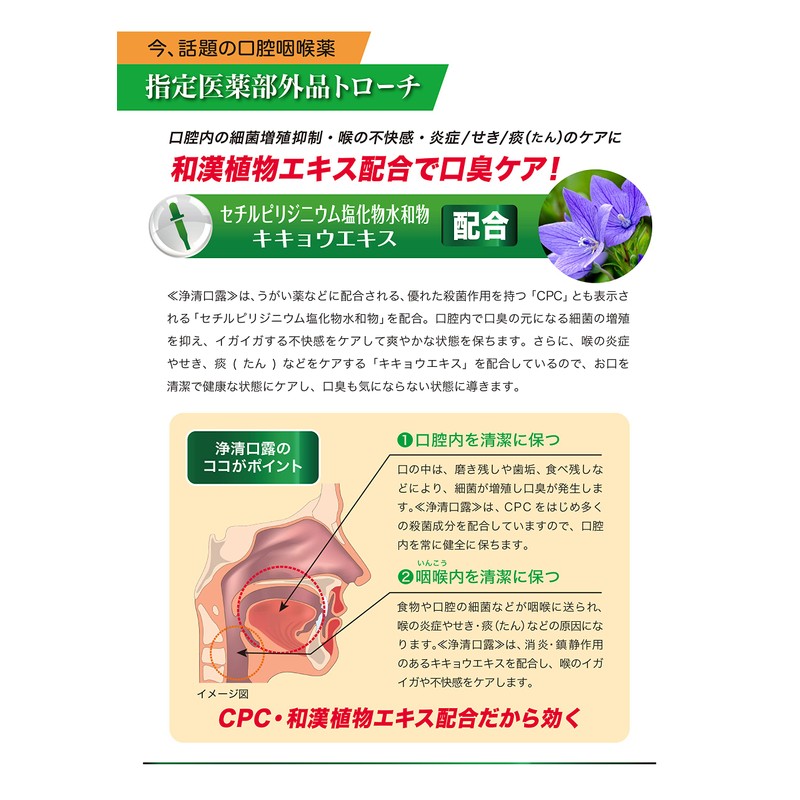 【指定医薬部外品 口腔咽喉薬】口臭の除去 のどの痛み のどのはれ のどのあれ 声がれ のどの不快感に 浄清口露 スコールトローチ 12錠