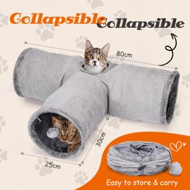 Nobleza Cat Tunnel, 3-Way Foldable Cat Tunnel with 1 Hole and Cat Toy Ball, T-shaped Cat Play Tunnel for Cats, Rabbits and Guinea Pigs, Grey