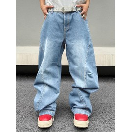 DFGIGT Men's Irregular Sutures Y2k Hip Hop Baggy Jeans Wide Leg Denim Pants Casual Loose Fit Trousers Streetwear Jinco 2000s Extreme Motion Relaxed Skater Skateboard,A12 Light Blue,Medium