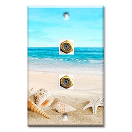 Art Plates - Decorative Printed 2 Port Coax Cable Wall Plate, 3GHz Coaxial Cable Connector, F-Type RG6 - RG59 Cable Extender Male to Male, Gold-Plated - Seashells on the Beach