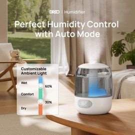 Dreo Humidifiers for Bedroom, Cool Mist Ultrasonic Humidifiers with Oil Diffuser, 30Hr Runtime, Top Fill 3L Tank, Humidity Sensor, Night Light for Baby, Nursery, 360° Nozzle for Plants and Home, Grey