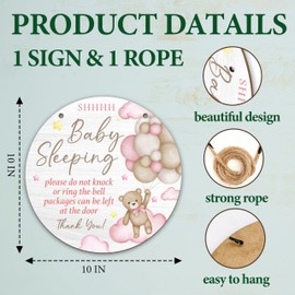 Baby Sleeping Sign For Front Door, Pink Bear Do Not Knock Or Ring Doorbell Hanging Sign For Home, No Soliciting Door Signs Gifts For New Parents, Do Not Disturb Signs Decor For Baby Room Nursery -03