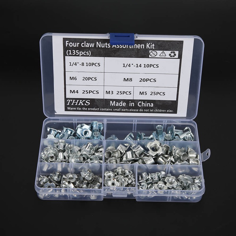 135pcs Carbon Steel Four Claw Nut Assortment Kit for Furniture