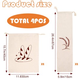 hllonn 4-Pack Linen Bread Bags for Homemade Bread - Unbleached, Reusable Storage and Bakery Bag Set - Includes Two Large (15.7" x 11.8") and Two Baguette Bags (26.4" x 5.9")