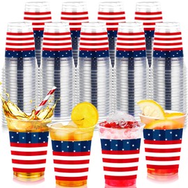 Pickmesh 100 Pcs 12oz 250 Anniversary Patriotic Cups Plastic Memorial Day Cups Bulk 4th of July Cup Disposable Red White Blue Cup for Independence Day American USA Party Supplies(American Flag)