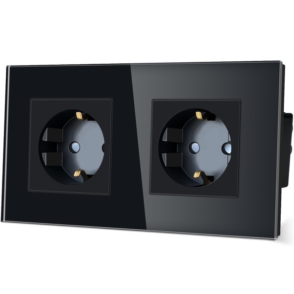 TAWOIA Schuko Socket, EU Standard Double Socket Glass Flush-Mounted Socket,