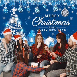 Blue Merry Christmas Banner – Large Christmas Banner Winter Holiday Party Sign with Silver Christmas Tree Snowflake Elements for Indoor & Outdoor Happy New Year Decoration Xmas Photo Backdrop