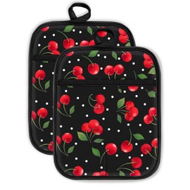 Swooflia 100% Cotton Pot Holders 2 Pack Set for Kitchen with Pockets - Cute 440°F Heat Resistant Oven Hot Pads Heavy Duty for Countertop Home Cooking Baking Microwave BBQ Cherry