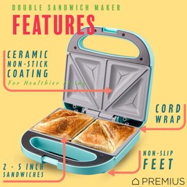 PREMIUS Ceramic NonStick Double Slice Sandwich Maker, Indicator Lights, Cool Touch Handle, Great for Grilled Cheese, French Toast, Tuna Melt, Egg & Cheese and Pancake Sandwich, Easy Clean (Turquoise)