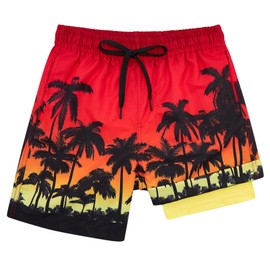 Cozople Teen Boys Swim Trunks Red Hawaii Palm Tree Bathing Suits Novelty Quick Dry Swimsuits Compression Liner Anti Chafe Swimming Shorts with Pockets