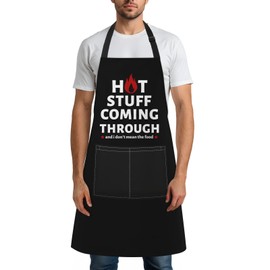 Britimes Hot Stuff Coming Through Aprons for Men, Home Kitchen Cooking Baking Gardening Adjustable Bib Aprons With Two Pockets, Funny Mens Black Apron 32x28 Inches
