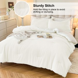 tohrisa Boho Comforter Set Queen Size Striped Pleats Bohemian Seersucker Bedding Set All Season Soft Cozy 3 Pieces Quilt with 2 Pillowcases(90"X90" White)