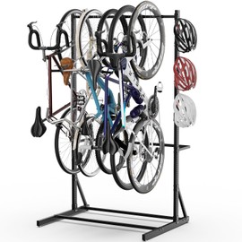 sogiv Freestanding Bike Storage Rack for 5 Bikes, 52 inches Vertical Bike Rack Floor Stand with 5 Bike Hooks & 6 Hooks for Helmet Storage, Indoor Floor Bike Stand for Home and Garage