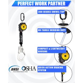 Shemior 11FT Self Retracting Lifeline, Swivel Top Self Retractable Safety Lanyard, ANSI Lightweight Web SRL, Rebar Hook Fall Arrest Protection Gear