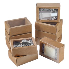 BENECREAT 16pcs Kraft Paper Drawer Box, 11.1x8.2x4.2cm Rectangle Homemade Soap Box with Window, Small Cardboard Present Packaging Boxes for Weeding Party Jewelry Crafts Present