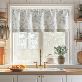 jinchan Linen Floral Valance Double Layer Kitchen Window Curtain Grey Flower on Beige Valance for Living Room Cafe Farmhouse Room Darkening Rustic Country Curtain 18 Inch Rod Pocket 1 Panel