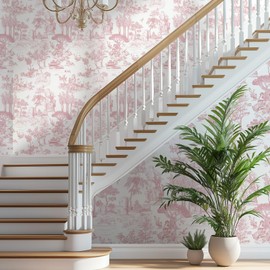 WENMER Toile Wallpaper, 17.7" X 394" Pink and White Peel and Stick Wall Paper, Toile de Jouy Wallpaper, French Vintage Contact Paper for Bedroom, Walls, Backdrop, Cabinet, Home Decor