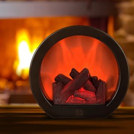 Ulalaza Small Cozy Fireplace Lantern Traditional Realistic Log Wood Burning Flame Effect Ligh LED Charcoal Style Table LampFor Indoor & Outdoor Use(7.8''X7,2''X3.7'')