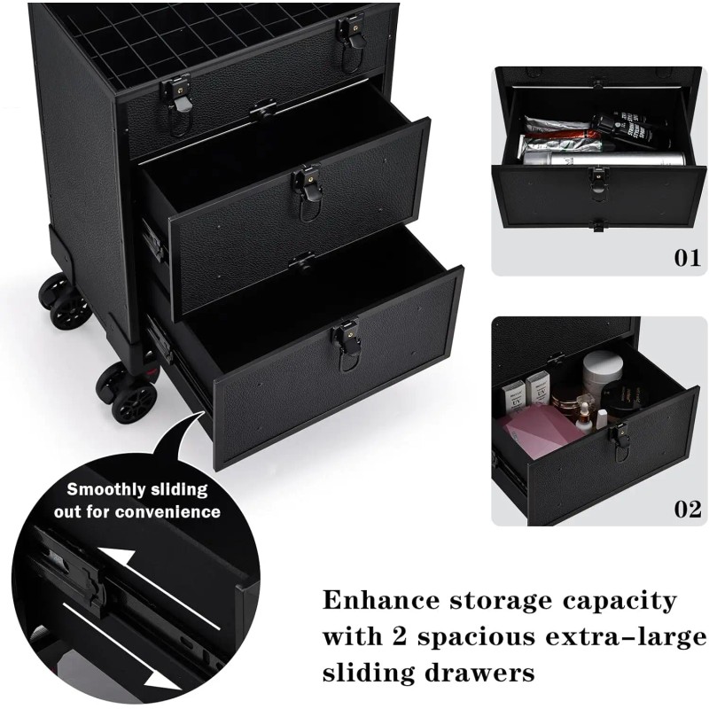 Leather Rolling Makeup Train Case with Wheels 2 Drawers Professional