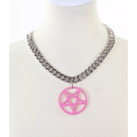 Emo Pink Pentagram Devil Pendant Necklace Cuban Chain Choker Punk Goth Rock - 21"