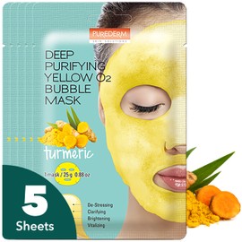 Purederm Turmeric Facial Mask Skin Care (5 Pack) - Bubble Face Sheet Mask for Moisturizing and Hydrating - Rich Collagen and Botanical Extracts Soothe and Illuminate Your Skin - Korean Beauty Skin Mask Pack & Home Spa