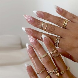 ONPRESS 24 uñas postizas acrílicas con diseño floral, color almendra, punta francesa, color blanco, cobertura total, reutilizables, brillantes, para m
