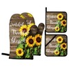 Sunflower Oven Mitts and Pot Holders 4pcs Set Wood Board