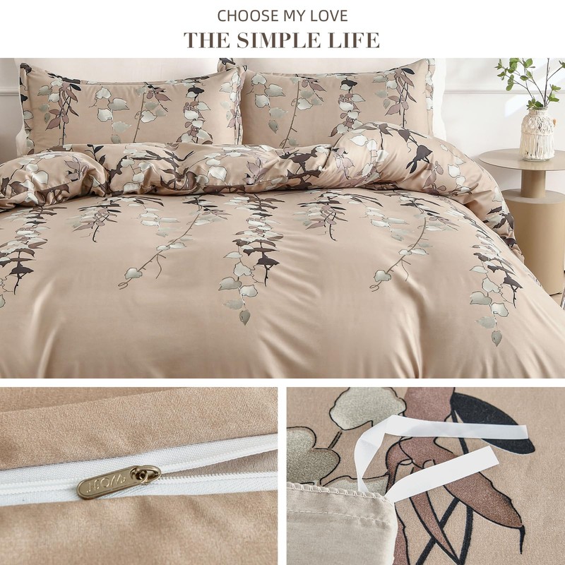 Double Duvet Set Botanical Brown Bedding Set Polyester Breathable Stylish