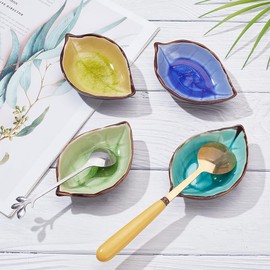 PLIGREAT 4 Pcs Ceramic Spoon Rest Colorful Leaf Shaped Spoon Rest Cooking Spoon Holder for Kitchen Counter Stove Top Spatula Fork Ladles Rest Christmas Party Table Decor Gift