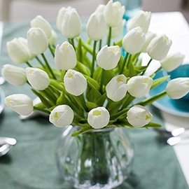 WAQIA HOUSE 30 Pcs Artificial Tulip Flowers Real Touch Tulips Fake PU Tulip Flower Bouquet for Home Wedding Party Office Decor( Pure White)