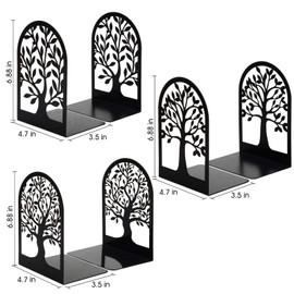 HappyHapi Book Ends, Metal Bookends for Shelves Decorative, Tree Stopper for Heavy Books, Black Ends to Hold Books for Home Office, 6.5 X 4.7 X 3.5 Inch(3 Pairs/6 Pcs, Large)