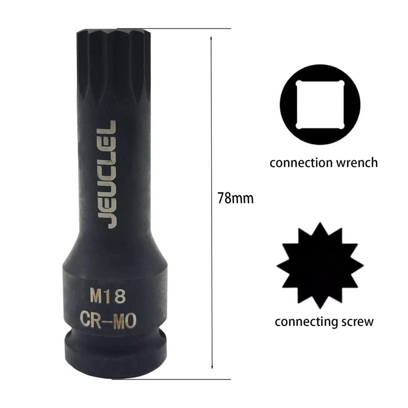 JEUCLEL M18 Triple Square Impact Spline Bit Socket, 18mm Metric