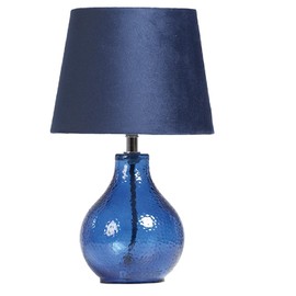 Navy Blue Hammered Glass Modern Table Lamp with Navy Blue Velvet Shade | 30cm Height | in-Line Switch | UK Approved | Glass Urn Design
