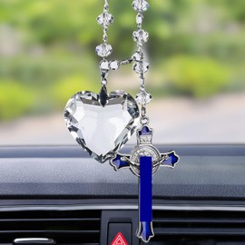 Clear Love-Shaped Crystal and Blue Enamel Cross Car Hanging Ornaments Christian Cross Car Rear View Mirror Hanging Accessories Car Décor