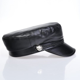 NiceYnn PU Captain Sailor Hat Newsboy Cabbie Baker Boy Peaked Beret Cap, PU Leather Flat Cap Peaker Winter Hats Black PU & Rope