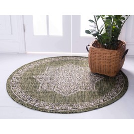 Unique Loom Traditional Classic Medallion Transitional Indoor and Outdoor Flatweave Runner Rug_OTD001, 4 Feet, Green/Ivory