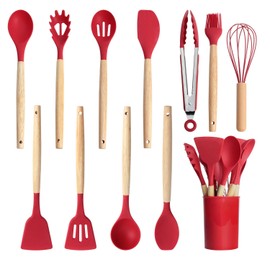 Kitchen Utensils set 12pcs Cookware gadgets with holder Silicone Wood non stick