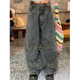 Unisex Big Pocket Baggy Jeans Street Cargo Y2k Punk Wide Leg Oversized Loose Casual Hiphop Grunge Denim Goth Pants (XX-Large,Denim)